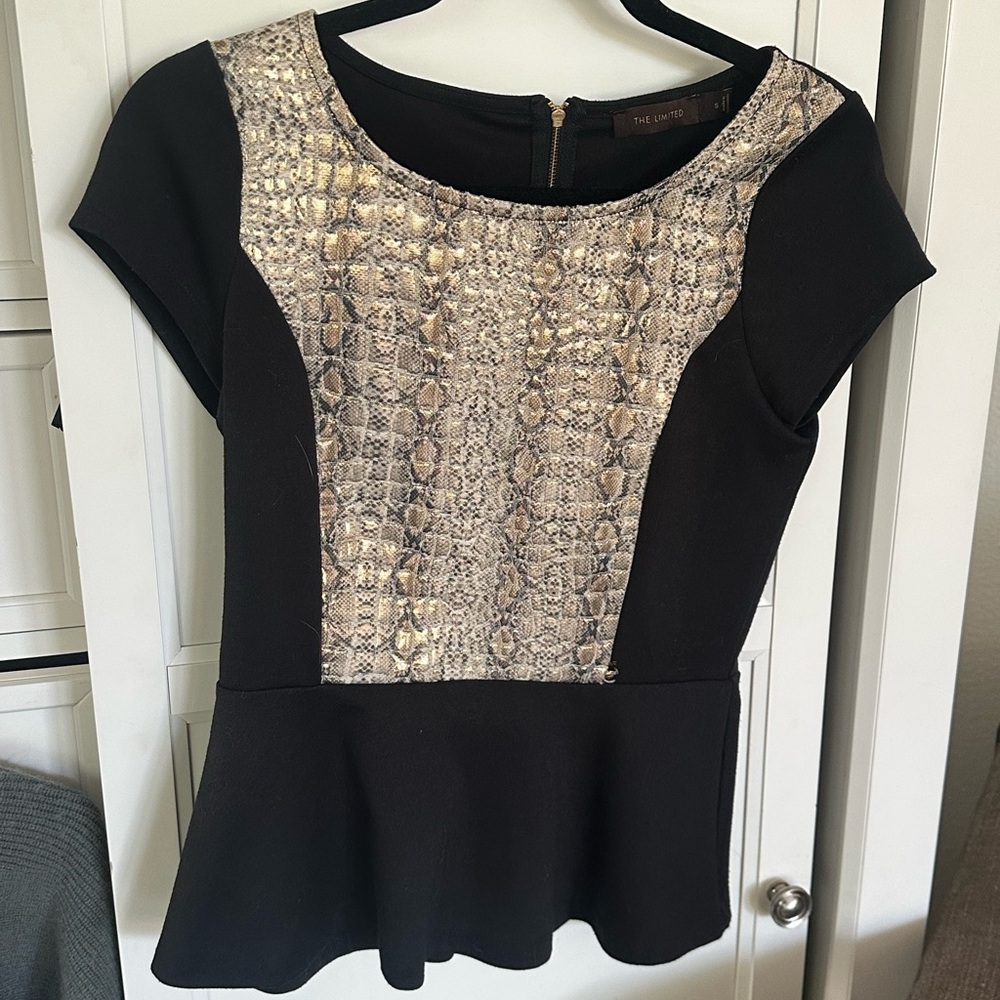 The Limited Black and Cream Peplum Cap Sleeve Blouse